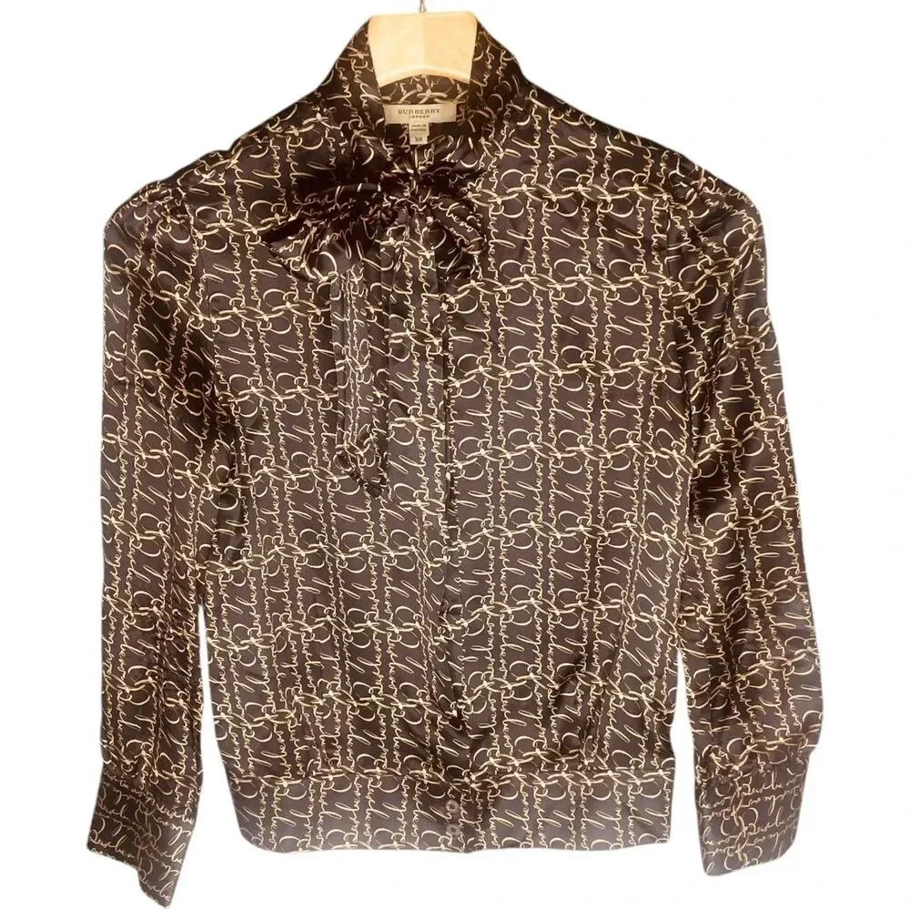 Burberry London Metallic Monogramed Satin Blouse Top with Neck Tie
